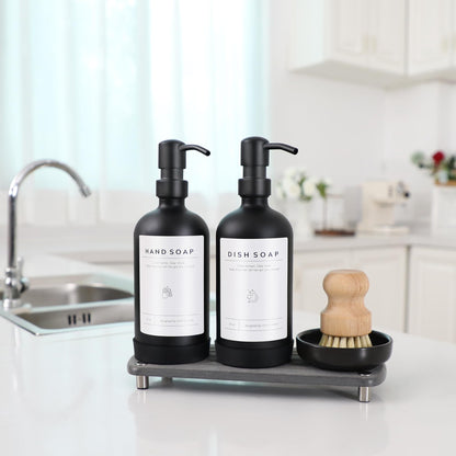 [Luxury] Kitchen Soap Dispenser Set - 16OZ Black Glass Bottle, Stainless Steel Pump, Instant Dry Tray, Waterproof Labels, Non-Slip Silicone Pad, and Dish Brush | Upgrade for Your Kitchen and Bathroom