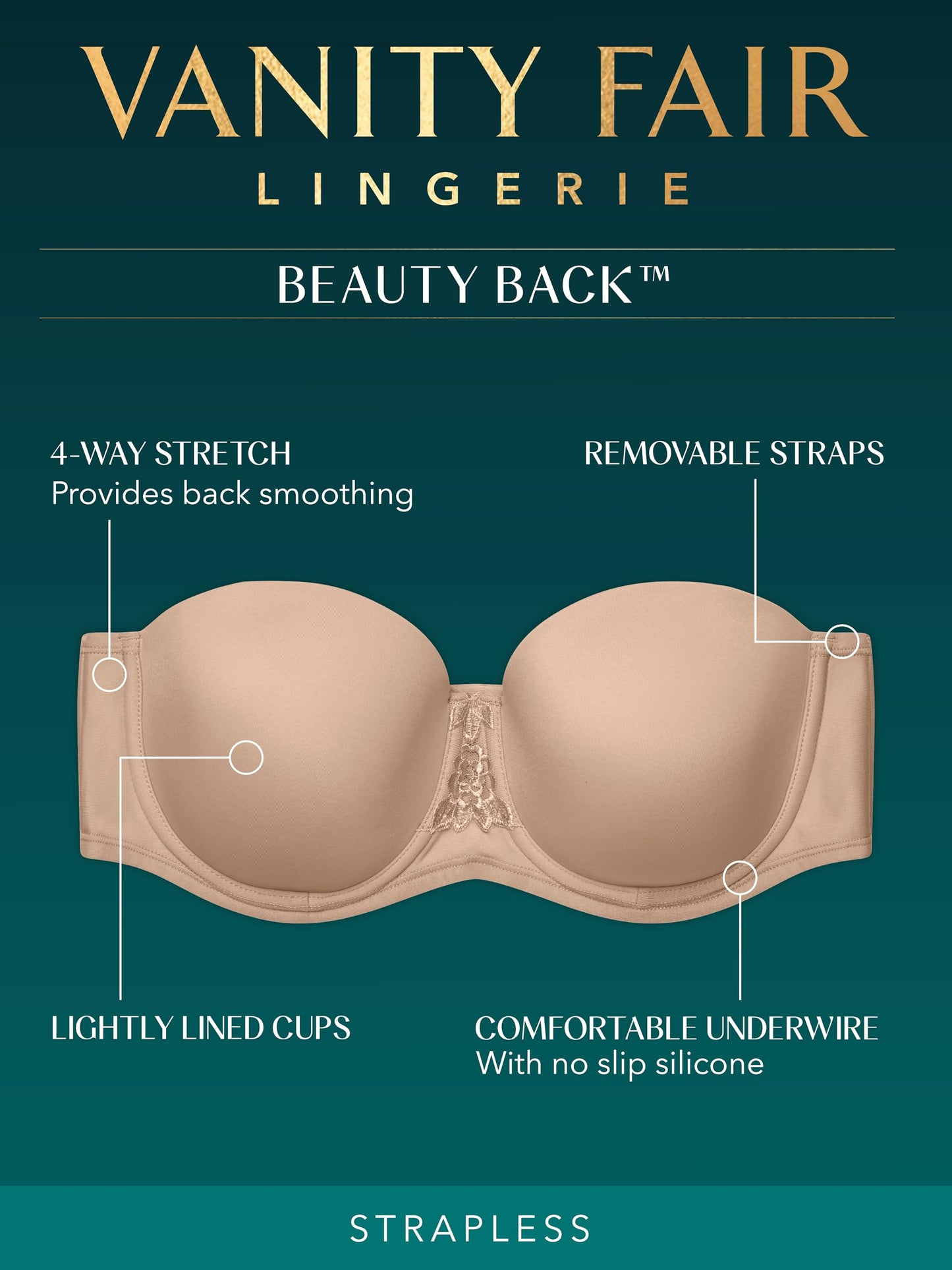 Vanity Fair Women's Beauty Back Smoothing Strapless Bra, 4-Way Stretch Fabric, Lightly Lined Cups up to H, Midnight Black, 34B