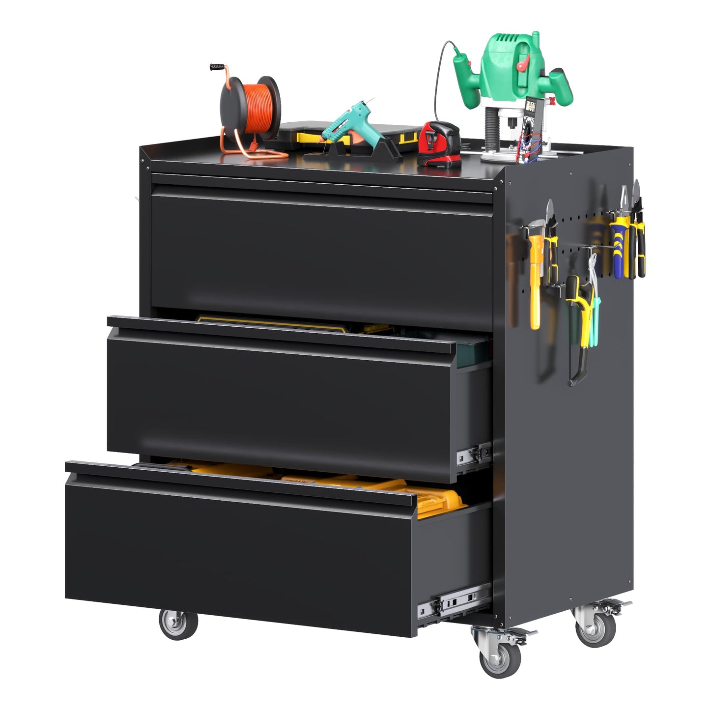 SUXXAN Metal Storage Cabinet with 3 Drawer and 4 Hooks,35.4" H Top Workbench Mobile Tool Chests Garage Cabinets with 4 Wheels,Tool Cabinets for Home,Office,Shop