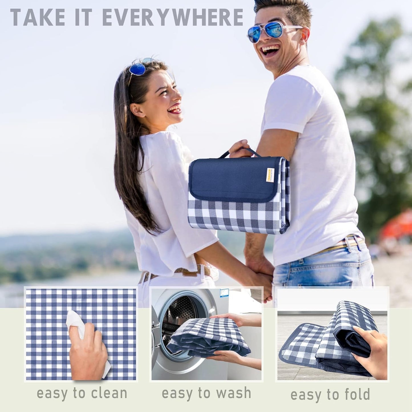 SAMSIER Outdoor Picnic Blankets Waterproof Foldable Sandproof, Extra Large Gingham Cute Picnic Mat Washable Portable for Park Beach Camping Courtyard (Navy Blue, 80"×80")
