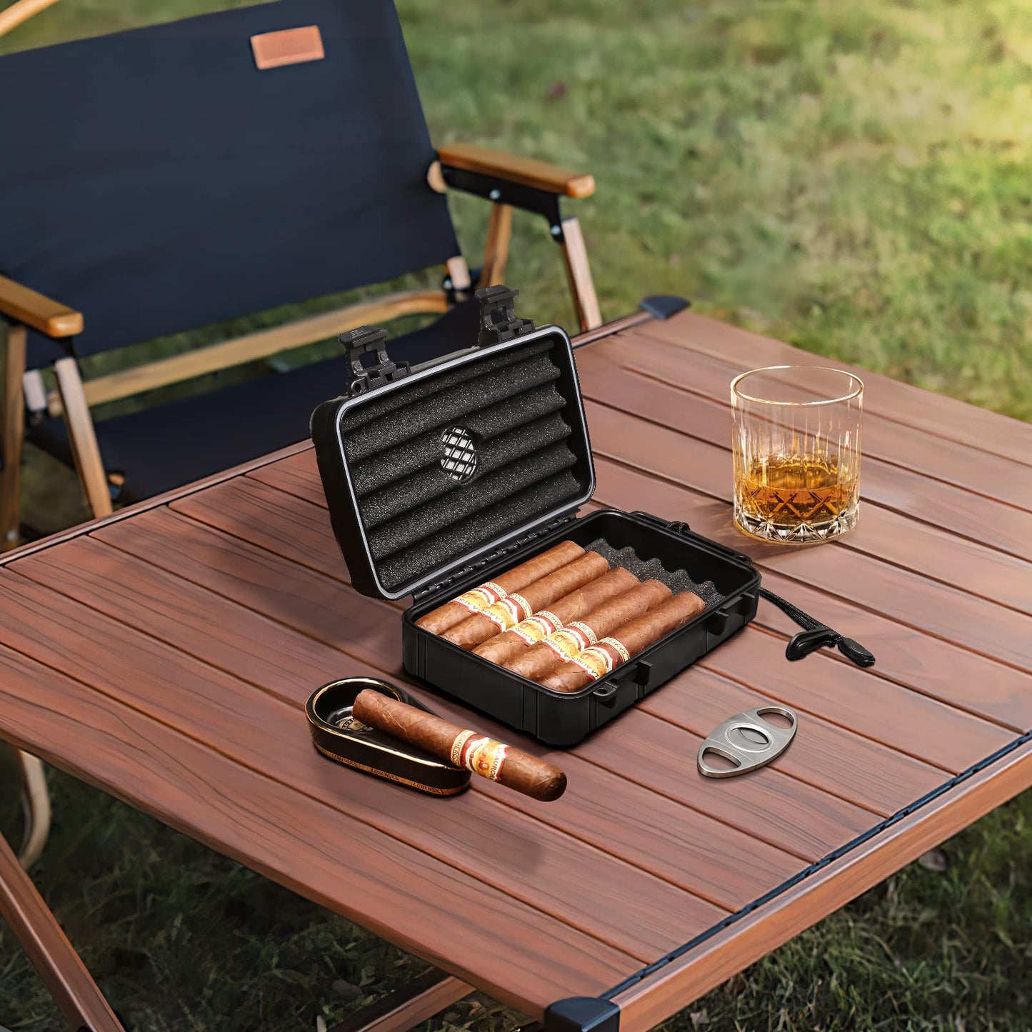 Flauno Travel Cigar Humidor Case - Portable Cigar Box with Humidifier Disc & Cigar Cutter | Waterproof | Airtight | Durable (Holds up to 10 Cigars)