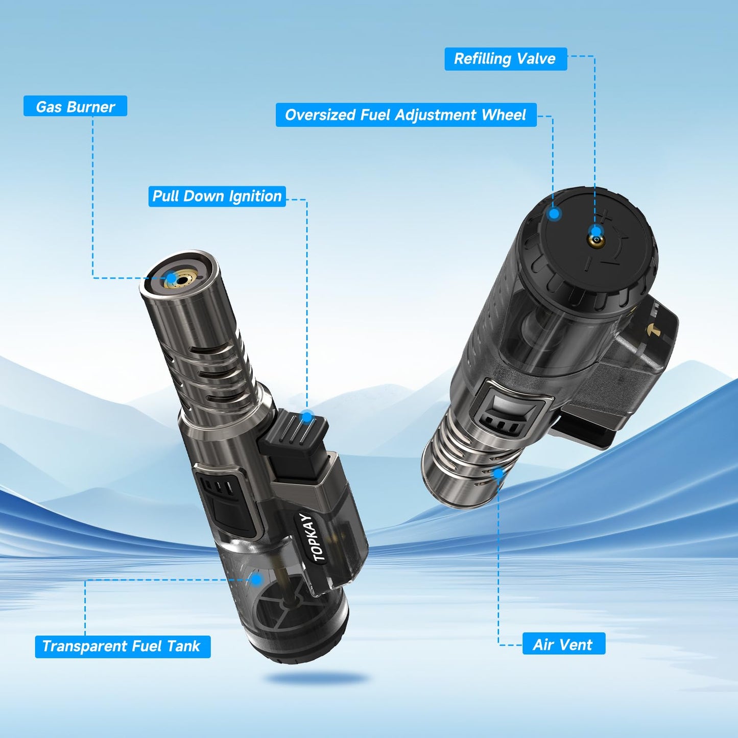 TOPKAY 2 Pack Torch Lighter Jet Flame Butane Lighter Refillable Mini Torch Lighter for Candles Grill BBQ Fireworks Camping (NO PREFILLED)