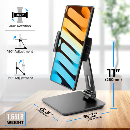 ROADOM Tablet Stand, Adjustable 360° Swivel Bracket, 180° Tiltable Clamp,Foldable Tablet Holder for 4.7-17.3'' iPhone/iPad/Tablet/Portable Monitor, Aluminum Alloy, Black