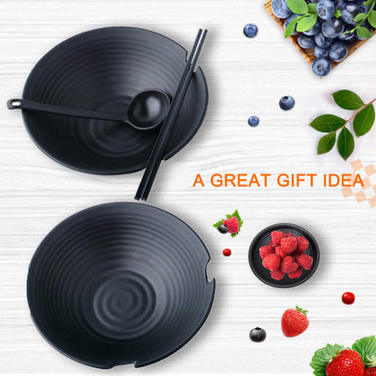 Vivimee Unbreakable Japanese Style Ramen Bowl Set of 2, 37oz Black Large Matte Melamine Bowls and Spoons Set with Chopsticks & Saucers for Pho Thai Miso Udon Soup Noodles or Asian Food