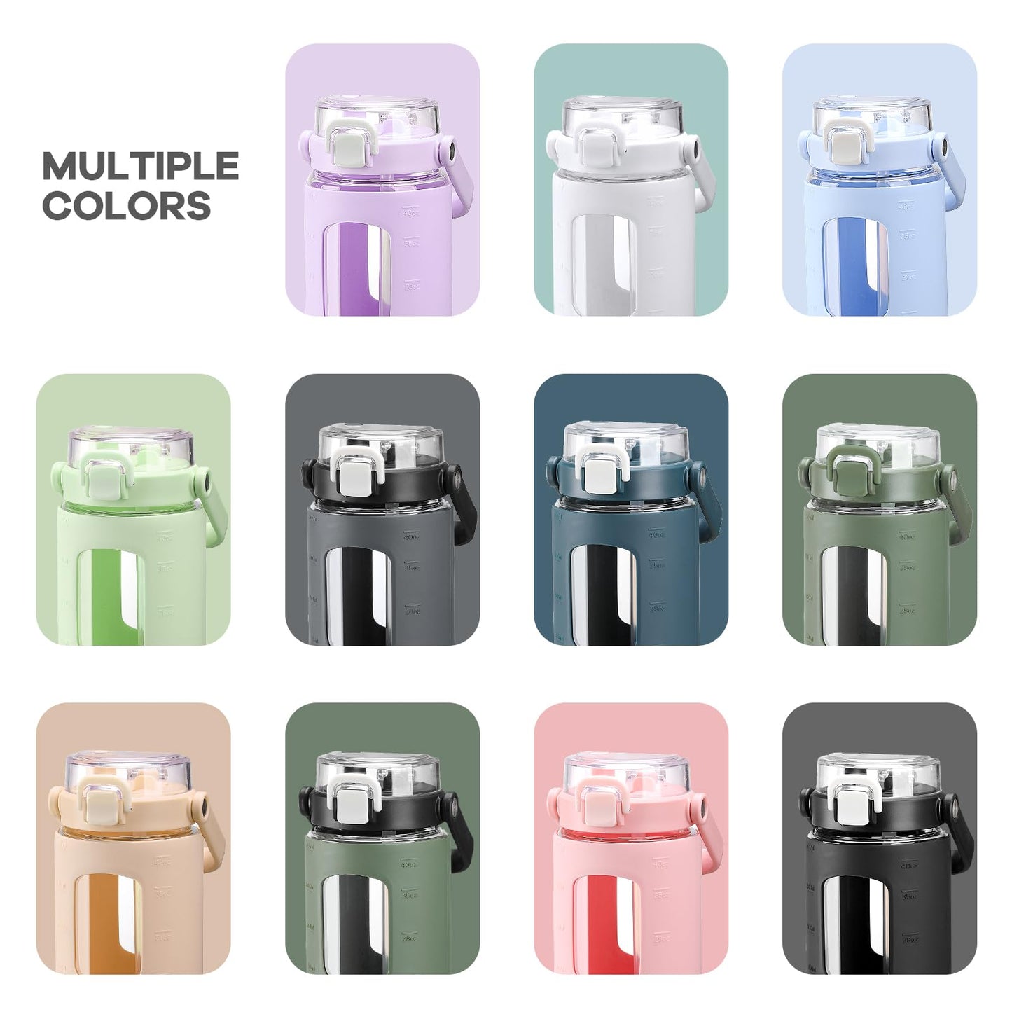 BLUEGO 40 oz Glass Water Bottles with Straw Time Marker, Glass Tumbler with Handle Top Lids, Easy to Clean, Fits in Car Cup Holder, Leakproof Jug for Gym, Sports, Workout & Daily, Dark Blue