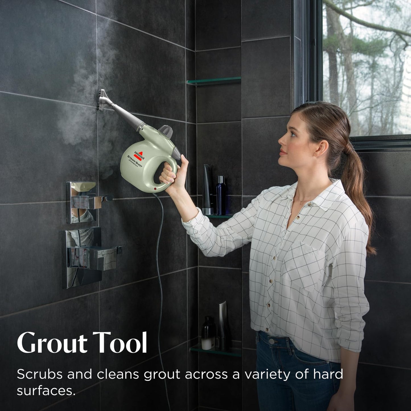 BISSELL® Steam Shot™ OmniReach handheld portable steam cleaner for tile, grout, windows, bathrooms, kitchens, fabric steaming tool, includes 10 tools