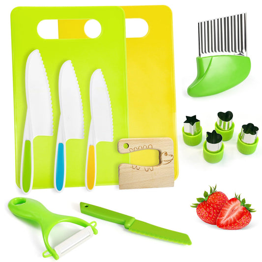 Chanking 13 Pieces Kids Safe Knife Set for Real Cooking Child-Friendly Plastic Chef Tools Montessori Kitchen Toys for Toddlers with Bright Colors Gifts for Boys and Girls