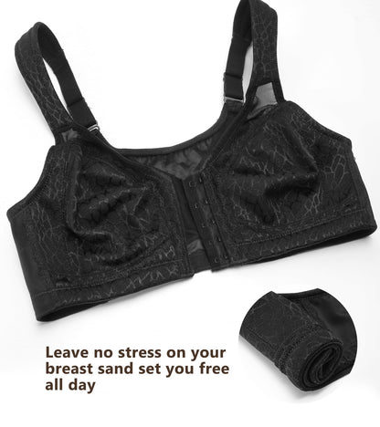 DotVol Women's Full Figure Front Closure Wirefree Jacquard Back Support Posture Bra(Black,44DDD)