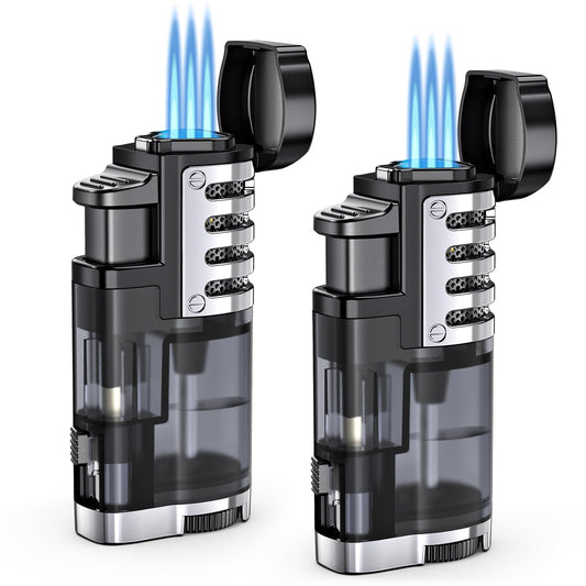 Torch Lighter Butane Refillable Triple Jet Flame Torch Lighters, Windproof Adjustable Flame Butane Torch Lighter with Punch 2 Pack (Without Fuel)