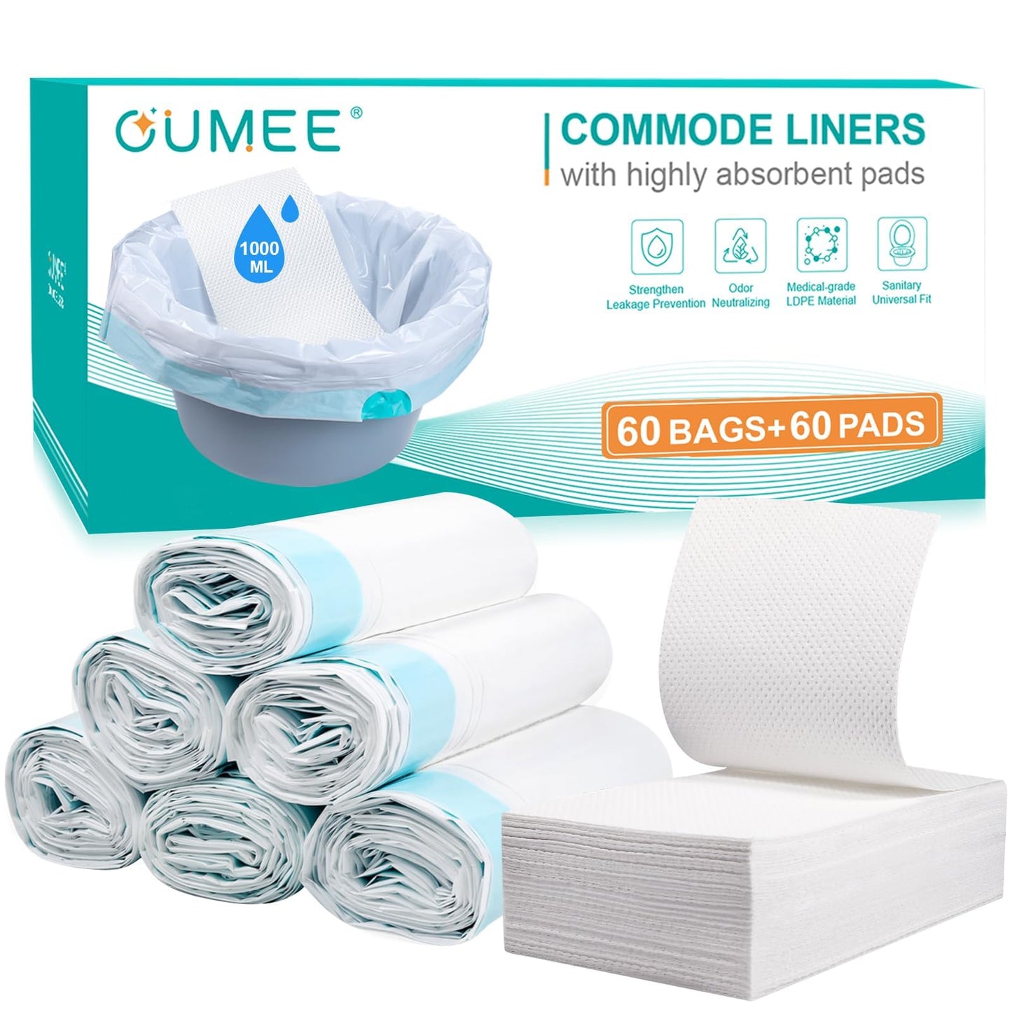 60 Commode Liners with Absorbent Pads, 60 Bedside Commode Liners and 60 Pads for Commode Bucket, Disposable Commode Bags for Adults, Portable Leak-Proof Potty Chair Liners (21 * 16in-60+60)