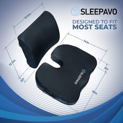 Sleepavo Memory Foam Seat Cushion for Office Chair-Orthopedic Back and Butt Pillow for Sciatica Tailbone Coccyx Hip Pain Relief for Sitting, Gaming, Desk, Car, Airplane-Padded Lumbar Support Pillow