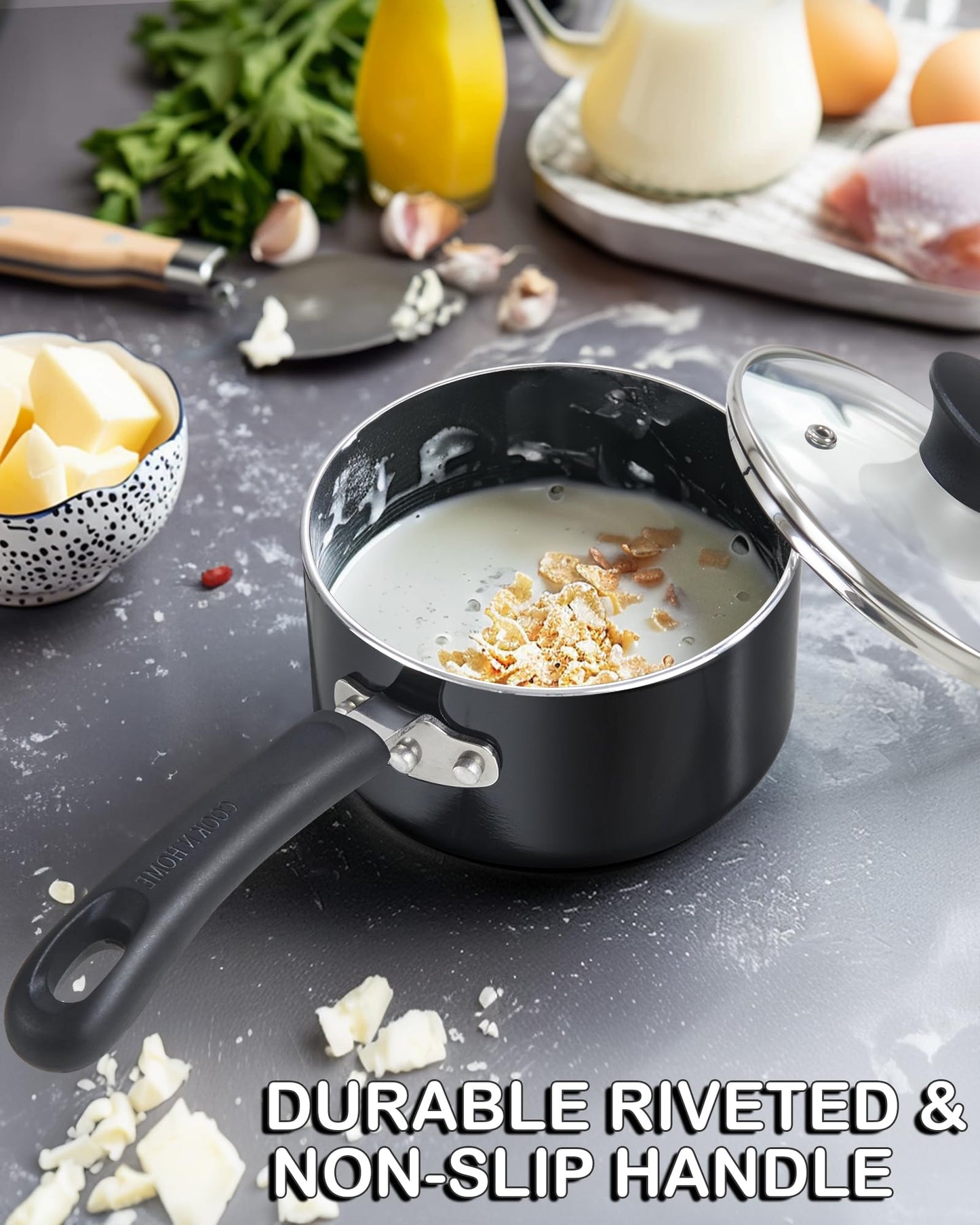 Cook N Home Nonstick Sauce Pan with Glass Lid 2-Qt, Multi-purpose Pot Saucepan Kitchenware, Black, Aluminum