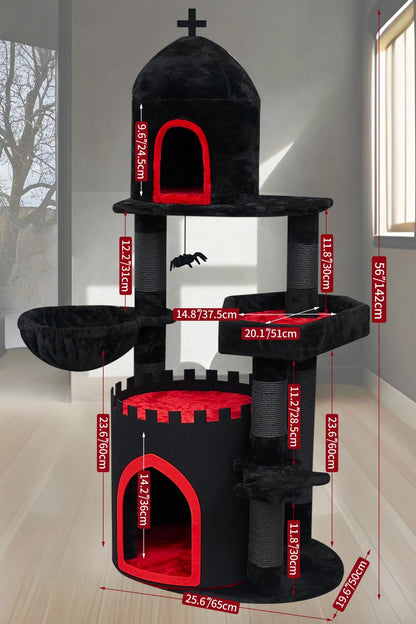 YARUOMY Gothic Cat Tree Castle, 56in Black Cat Tower with Coffin Cat Bed, Spacious Cat Condo for Halloween Cat, Kraft Twine Scratching Posts, Spider Hanging Ball,Goth Pet Furniture