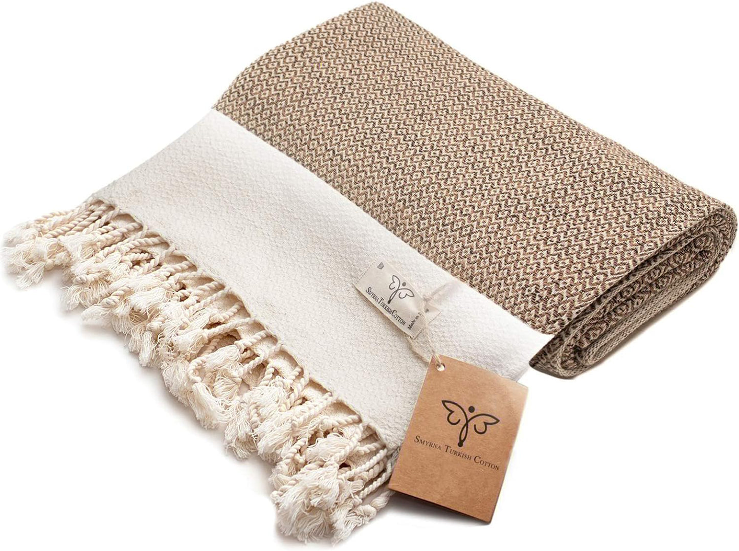 SMYRNA TURKISH COTTON Throw Blanket Vintage Series, 50x60 inch, Outdoor Blankets, Throws and Blankets for Couch, Sofa, Bed, Chair, Beach Picnic, Travel Boho Turkish Blanket Throw, Latte