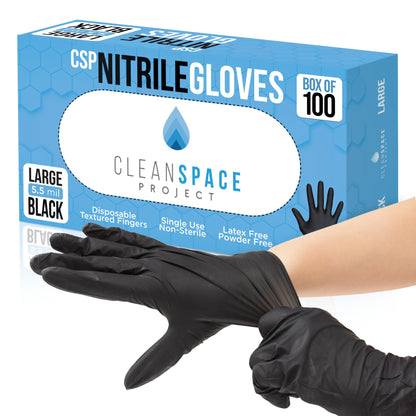 CLEAN SPACE PROJECT Black Nitrile Gloves Disposable, Box of 100-5.5 Mil, Non Latex & Powder Free - For Cooking Prep, Cleaning, Mechanic Work, Tattoo, Barber & More - Food & Industrial Use (Large)