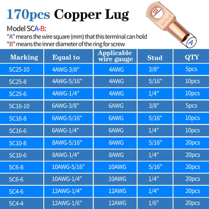 Cable Lug Crimping Tool with 170pcs Copper Wire Lugs, Wire Crimping Tool for AWG 10-1/0 Electrical Lug Crimper, with Cable Cutter, 210pcs Dual Wall Adhesive Heat Shrink Tubing
