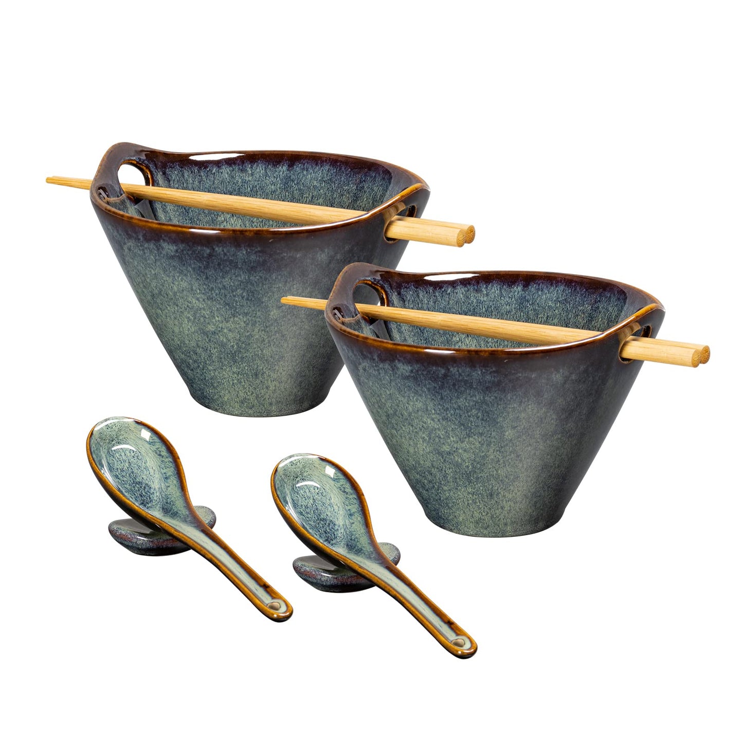 UNICASA Japanese Ramen Bowl Set with Chopsticks, Spoons and Rests, 20oz Deep Porcelain Noodle Bowl Set of 2 for Udon, Pho, Salad, Soup (Reactive Green)