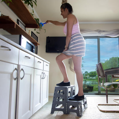 Bee Neat Folding 2 Step Stool for Adults, Kids, Toddlers - Collapsible & Foldable Step Ladder for Kitchen, Bathroom or Bedroom - Non-Slip & Wide Stepping Stool Supports 200lbs - Gray