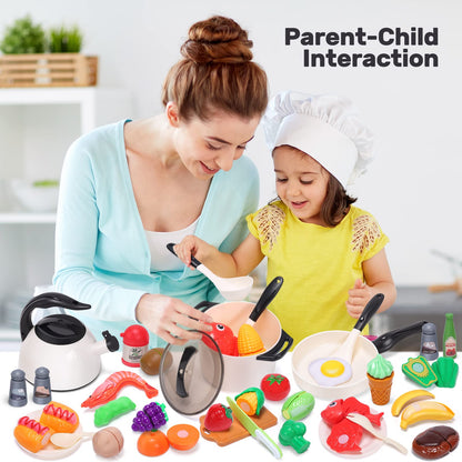 CUTE STONE Play Kitchen Accessories Toy, Play Food Sets for Kids Kitchen, Pretend Kitchen Set for Kids with Play Pots, Pans, Toddler Kitchen Playset Kitchen Toys for Girls Boys