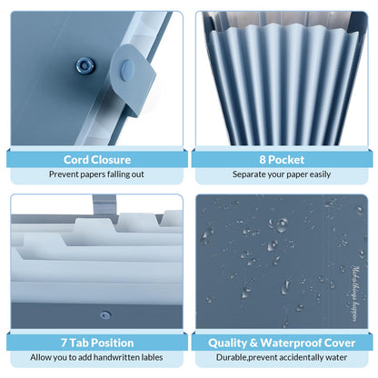 SKYDUE Expanding File Organizer with 8 Pockets, Accordion File Folders with Labels, Portable Document Paper Bill Receipt Organizer, Home College School Office Supplies, Letter Size, Blue