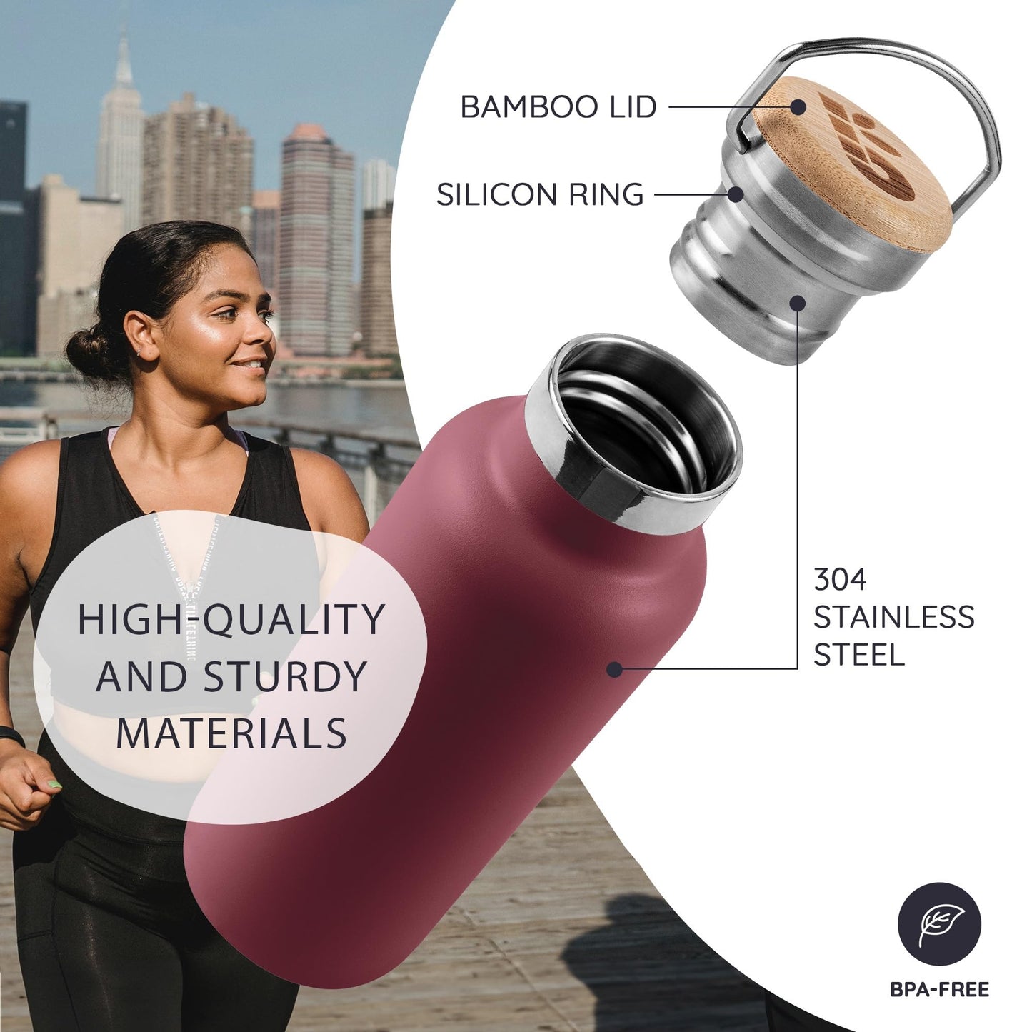 Bambaw 24 oz Insulated Stainless Steel Water Bottle, Red Berry - BPA Free, No Straw