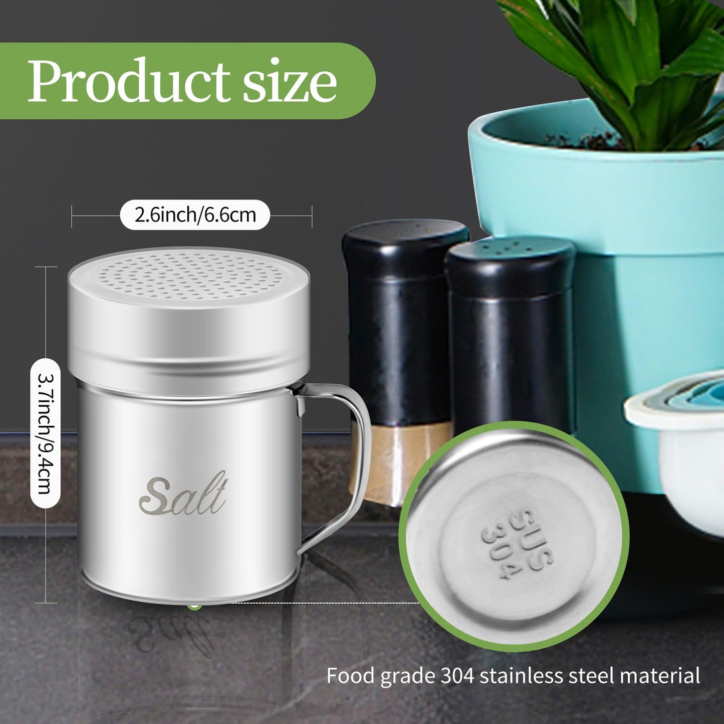 ZERUIDM Stainless Steel Salt and Pepper Shakers Set, 10 OZ Seasoning Spice Shaker with Lid and Handle 127 Holes, Metal Dredge Shaker for Powder Sugar Cooking Kitchen Baking (2 Pieces)