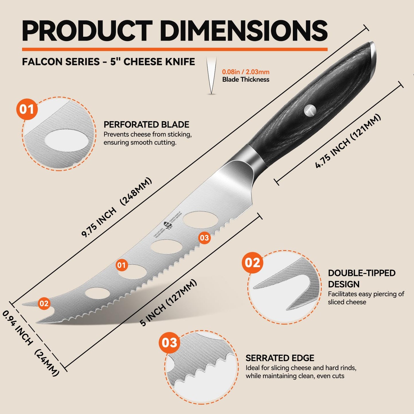 TUO Cheese Knife, 5" Cheese Knives Slicer for Block Cheese, Serrated Tomato Knife, Forked Tips & Non-Stick Blade, High Carbon German Steel, Ergonomic Pakkawood Handle with Gift Box, Falcon Series