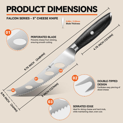 TUO Cheese Knife, 5" Cheese Knives Slicer for Block Cheese, Serrated Tomato Knife, Forked Tips & Non-Stick Blade, High Carbon German Steel, Ergonomic Pakkawood Handle with Gift Box, Falcon Series