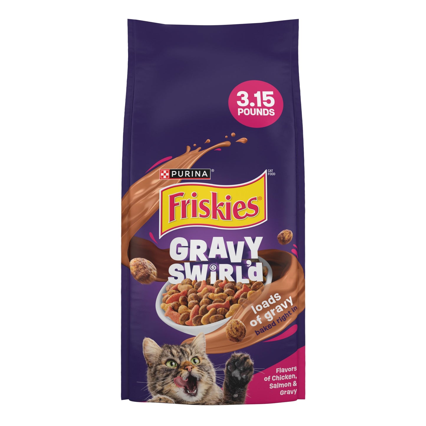 Purina Friskies Dry Cat Food Gravy Swirl'd With Flavors of Chicken, Salmon and Gravy - 3.15 lb. Bag