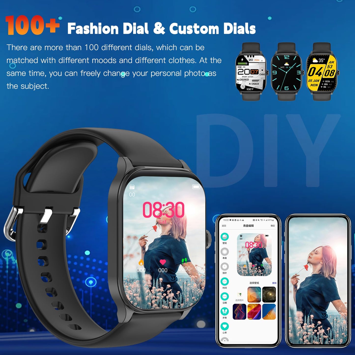 Smart Watch for Women Men(Answer/Make Call), Smartwatches with Heart Rate/SpO2/Sleep/Stress Monitor, IP68 Waterproof Activity Tracker for Android iPhone, 100+ Sports Fitness Watches (Black, 2.01“)