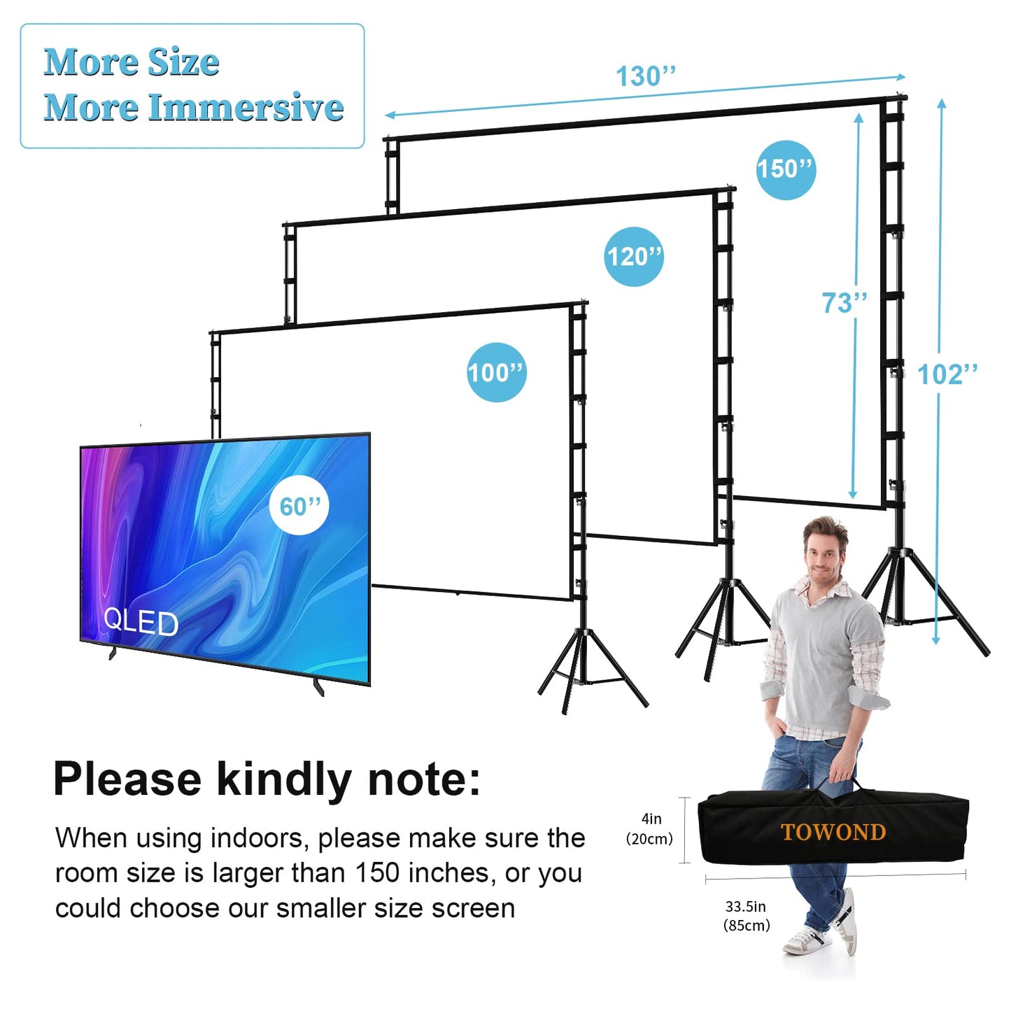TOWOND Projector Screen and Stand, 150 inch Indoor Outdoor Projection Screen, Portable 16:9 4K HD Rear Front Movie Screen with Carry Bag Wrinkle-Free Design for Home Theater Backyard Cinema