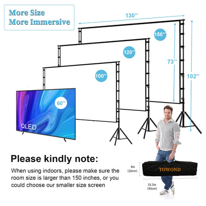 TOWOND Projector Screen and Stand, 150 inch Indoor Outdoor Projection Screen, Portable 16:9 4K HD Rear Front Movie Screen with Carry Bag Wrinkle-Free Design for Home Theater Backyard Cinema