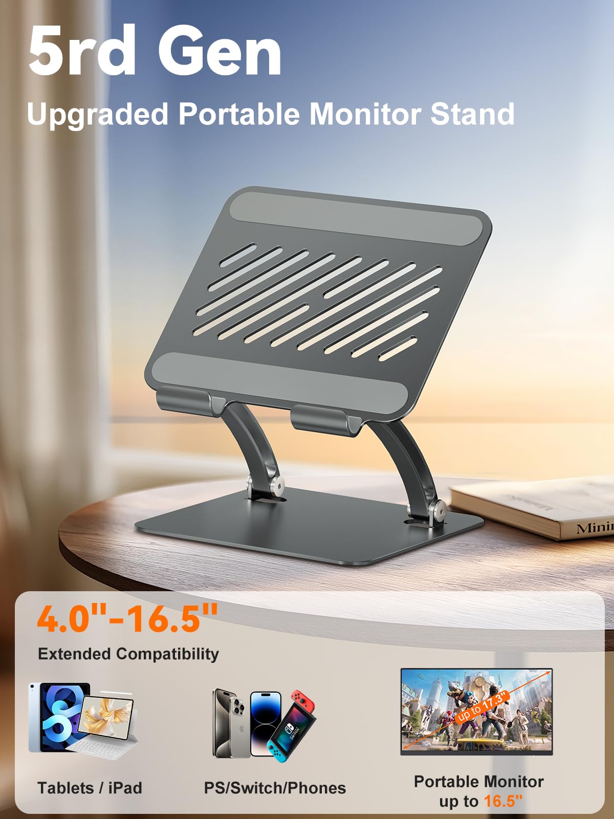 tounee Tablet Holder Stand, Dual Rod Adjustable Aluminum Desktop Stand, Compatible with 4.7-16.5" iPads, Surface Tablets, Portable Monitors, Kindle & More (Gray)