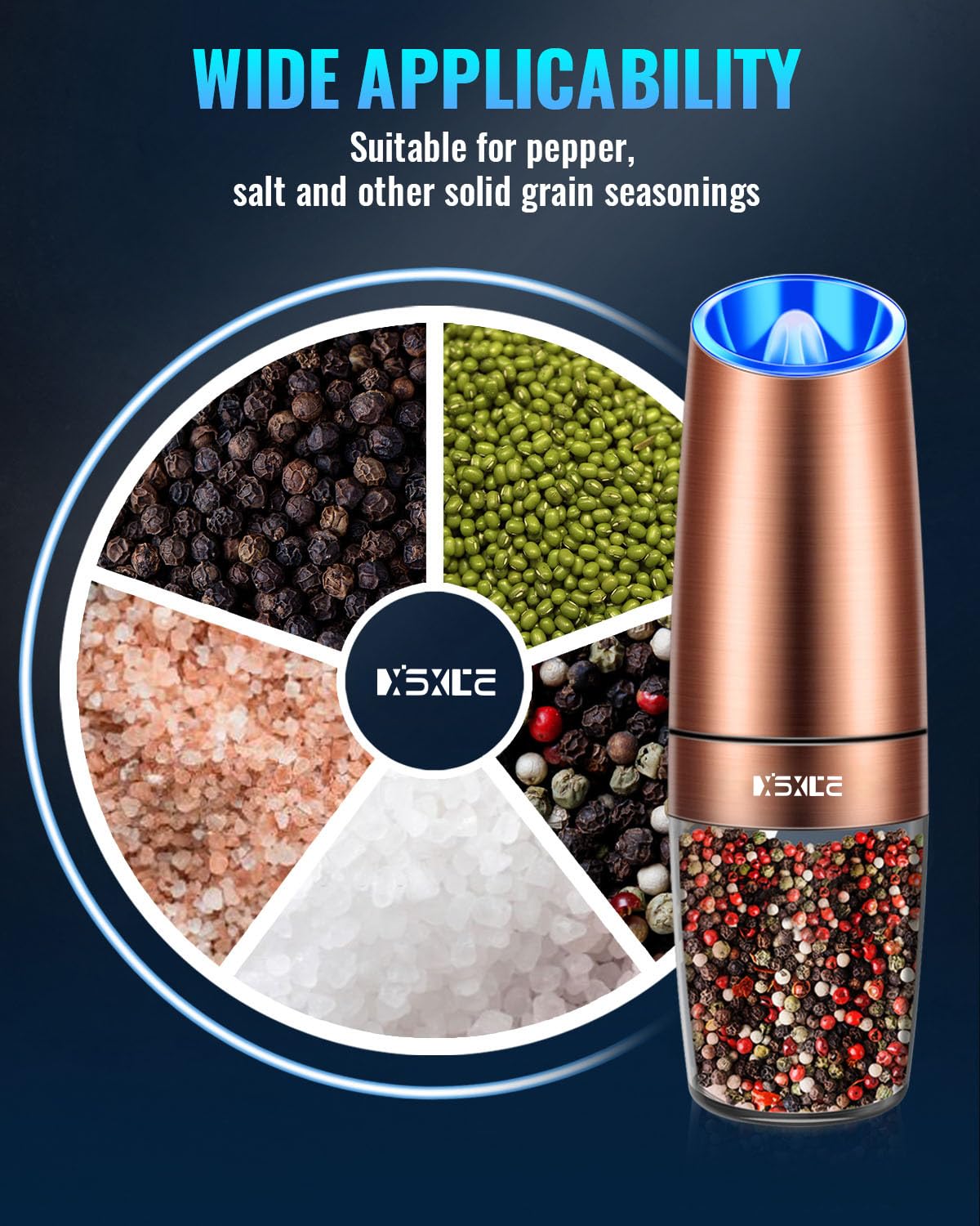 Gravity Electric Pepper and Salt Grinder Set, Adjustable Coarseness, Battery Powered with LED Light, One Hand Automatic Operation, Stainless Steel Copper, 2 Pack