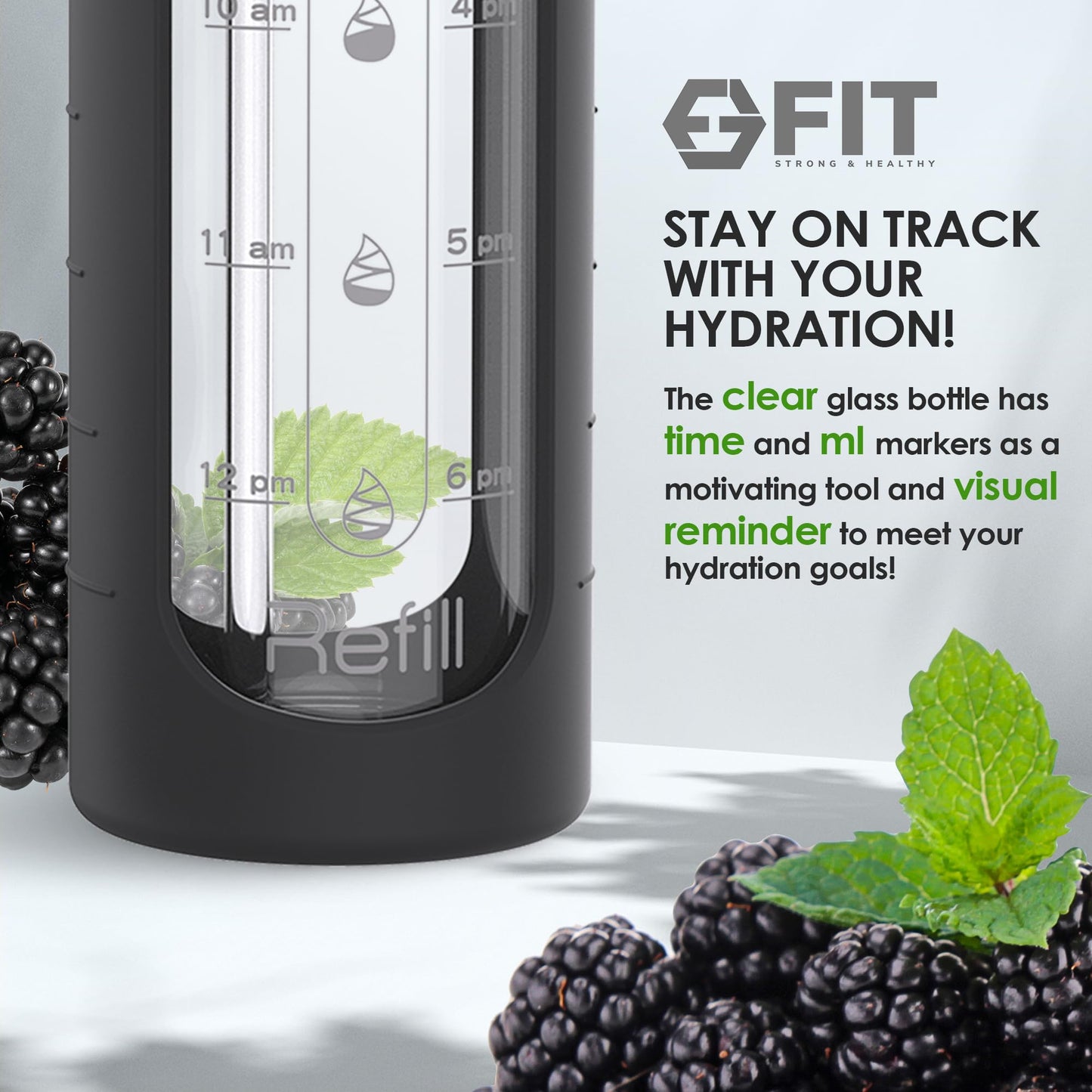 FIT Strong & Healthy 32 oz Glass Water Bottle with Time Marker & Silicone Sleeve - w/Handle & 2 Leakproof Lids Straw & Spout Lid, Wide Mouth, BPA Free 1 Liter Motivational Drinking Bottle, Black