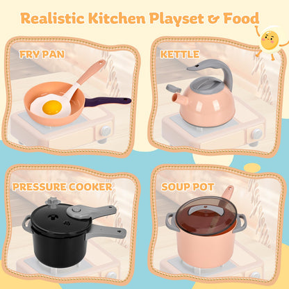 Zero Zoo 105Pcs Kids Kitchen Toy Accessories, Toddler Pretend BBQ Camping Cooking Playset, Play Pots, Pans, Utensils Cookware Toys, Play Food Set, Vegetables, Learning Gift for Girls Boys