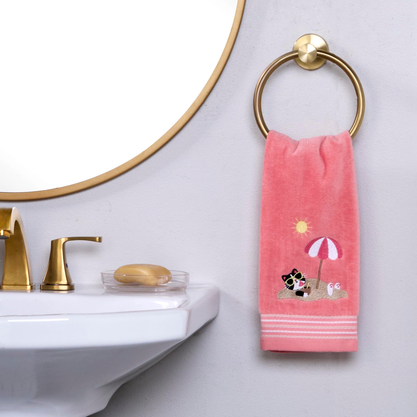 SKL Home Buried Cat Hand Towel 2pc Set for Bath/Kitchen/Bar & Gift, Coral Pink
