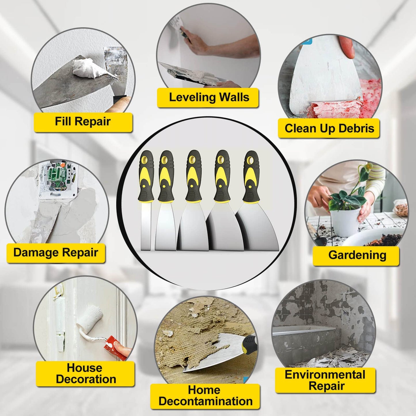 Rerdeim 5Pcs Putty Knife, Set, 1" 2" 3" 4" 5" Scraper, Spackle Knife, Paint Scraper, Scraper Tool, No Rusting, Perfect For Repairing Drywall, Removing Wallpaper, Mud, Plaster Scraping