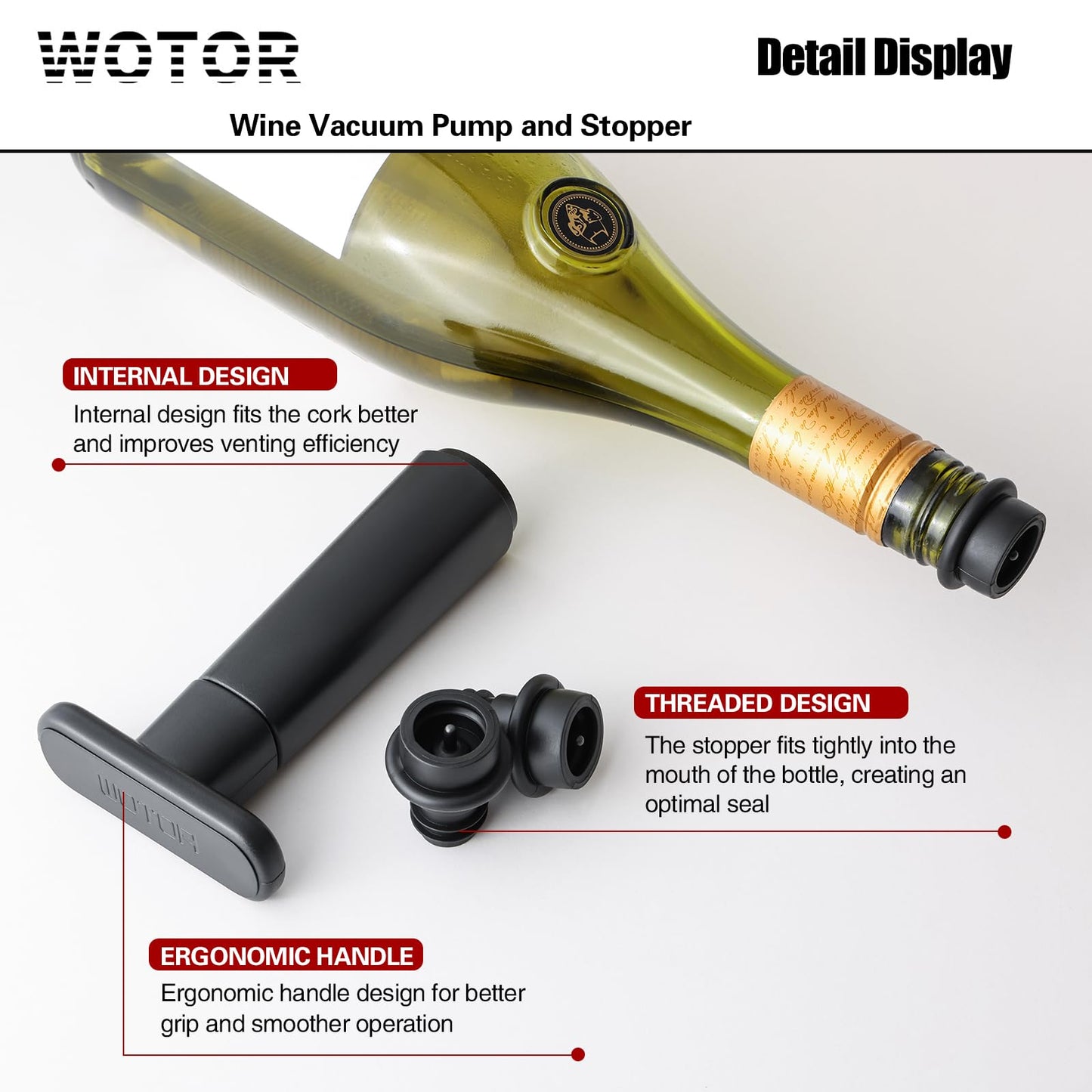 WOTOR Wine Saver Vacuum Pump with 4 Stoppers, Wine Stopper & Preserver, Reusable Bottle Sealer Keeps Fresh, Ideal Accessories Gift (Flat Handle)