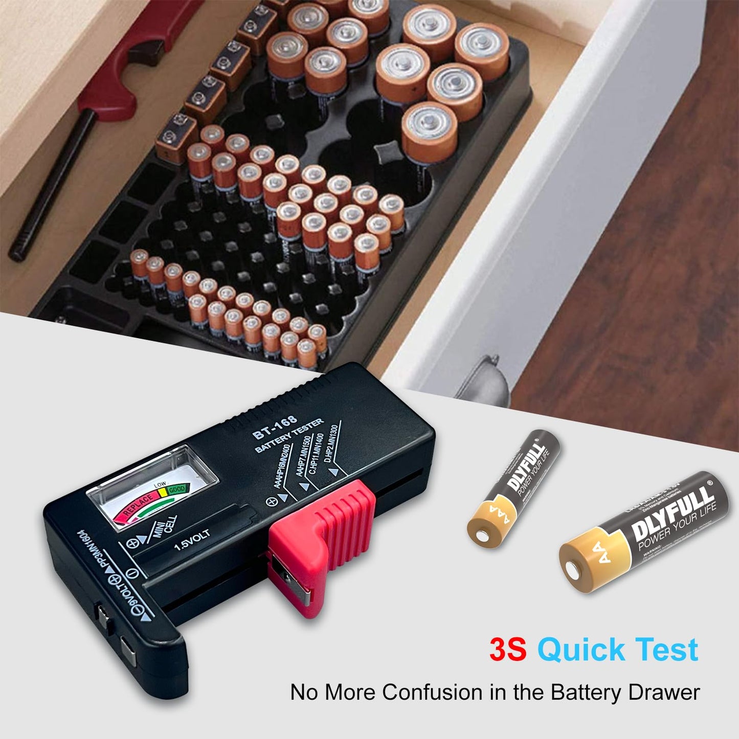 Dlyfull Battery Tester, Small Battery Testers Universal Battery Checker for AAA AA C D 9V 1.5V Button Cell Household Batteries