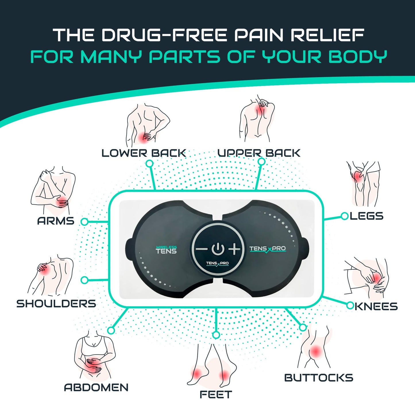 Pro 1000 Wireless Tens Unit for Pain Relief - Mini Tens Massager Portable Electric Muscle Stimulator - Deep Tissue EMS Pain Management Device - Pulse Therapy for Back Shoulder Neck Leg Arm (2 Pads)