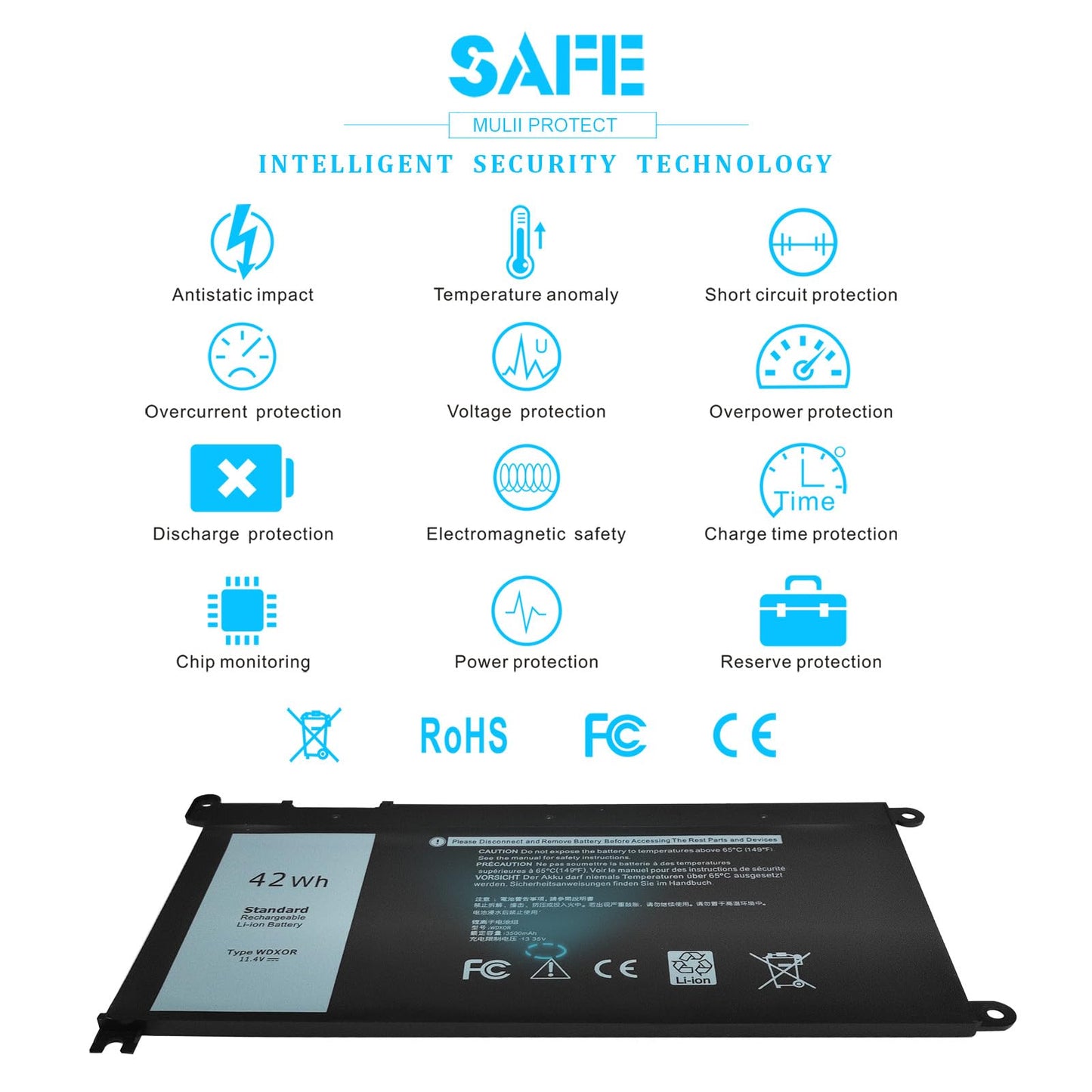 42Wh WDX0R WDXOR 11.4V Battery for Dell Inspiron 13 7375 7368 7378 5368 5378 5379 P69G 15 7573 7579 7560 7570 7569 5570 5567 5565 5568 5578 5579 5575 17 5765 5767 5770 5775 P58F P66F P75F FW8KR CYMGM
