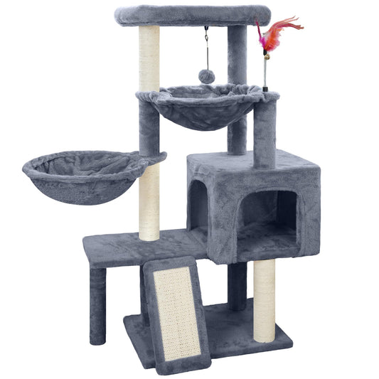 Tuaoeef Cat Tree with Cat Condo and Two Hammocks, Cat Tree with Scratching Posts and Scratching Pads, Cat Tower for Indoor Cats, Activity Centre Climbing Tree with Playful Toy Balls, Grey