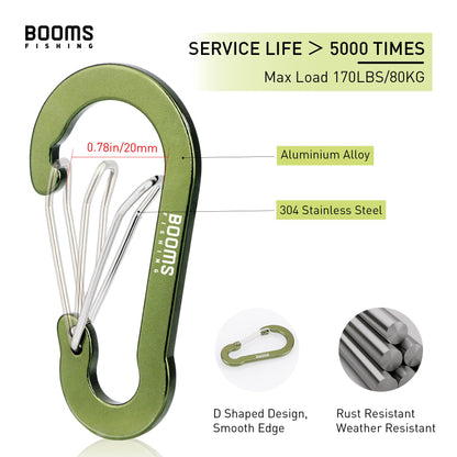 Booms Fishing CC5 Multi-Use Carabiner Clips, 10 Pack 2.7" Small Caribeener Clips, Mini Keychain Caribeaner Clip, Aluminum D Ring Carabiners, Green
