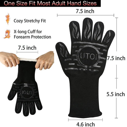 UTOI BBQ Grill Gloves, 1472F Heat Resistant Barbecue Oven Mitts, Silicone Non-Slip Cooking Gloves for Kitchen, Grilling and Baking, EN407 Certified, 13 inch Long, Black, XL Size, 1 Pair
