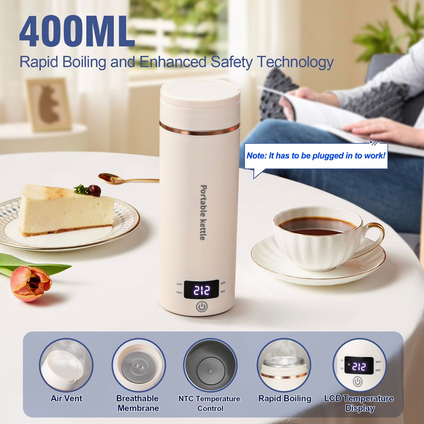 Travel Electric Kettle Portable Mini Kettle,Small Hot Water Boiler with 4 Temperature Settings,304 Stainless Steel,Fast Boiling Water with Auto Shut-Off and Boil Dry Protection,400ml (Beige, 400ML)