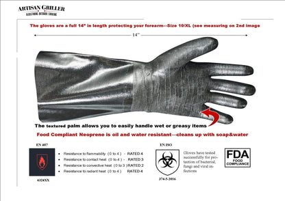 Artisan Griller BBQ, Smoker & Oven glove- Insulated Heat Resistant for Fryer & Kitchen. Great Barbecue Smoking Oyster Mitt–Turkey Fryer, Oil,Fire & Water resistant -(Size 10/XL – Black neoprene)