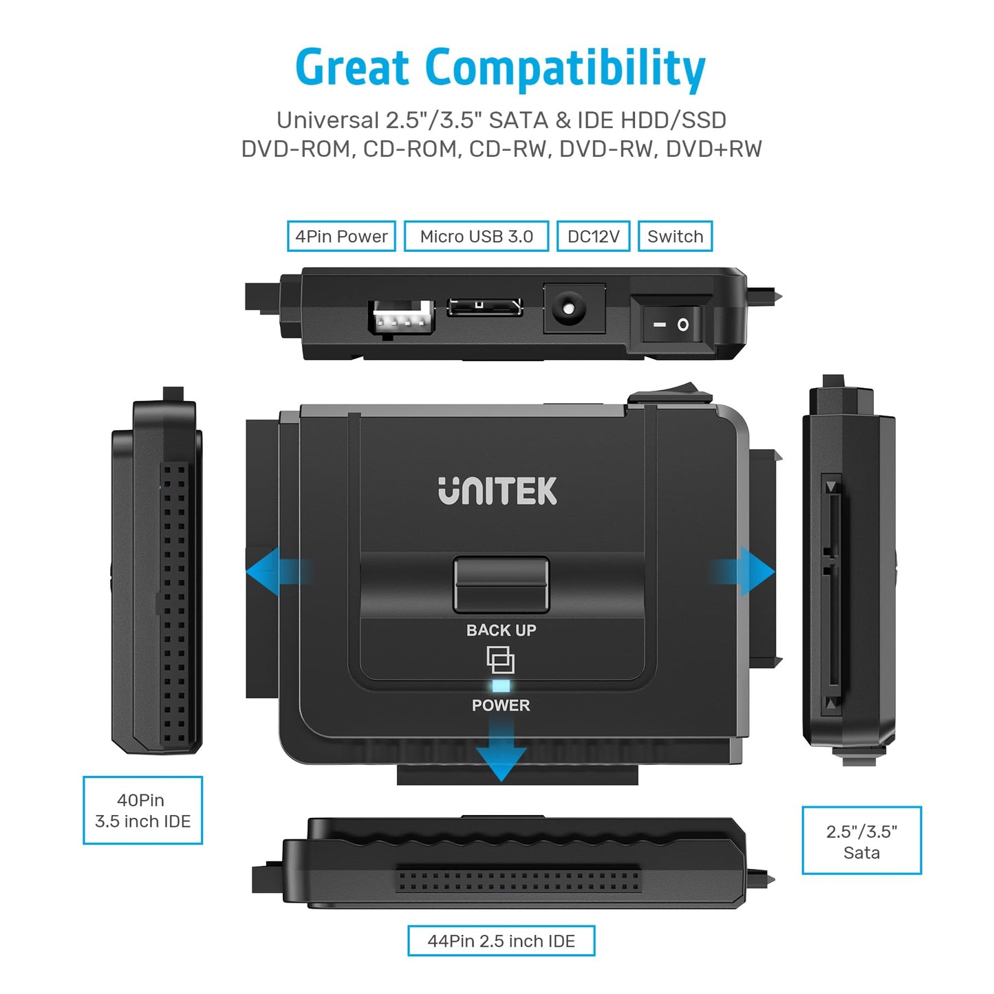 Unitek USB 3.0 to IDE and SATA Converter External Hard Drive Adapter Kit for Universal 2.5/3.5 HDD/SSD Hard Drive Disk, One Touch Backup Function, Included 12V/2A Power Adapter