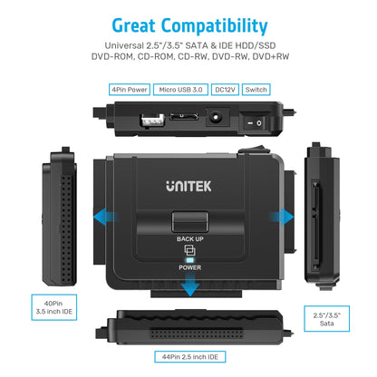 Unitek USB 3.0 to IDE and SATA Converter External Hard Drive Adapter Kit for Universal 2.5/3.5 HDD/SSD Hard Drive Disk, One Touch Backup Function, Included 12V/2A Power Adapter