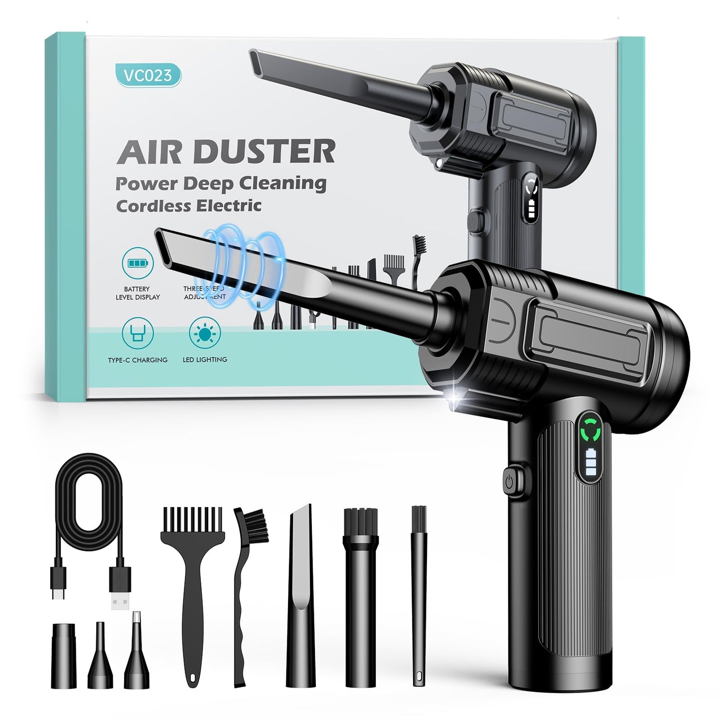 Compressed Air Duster: 100000RPM Electric Air Duster with LED Light Mini Air Blower Rechargeable Cordless Keyboard Cleaning Jet Dry Blower - Car, PC and Home Cleaning Kit Replaces Compressed Air Can